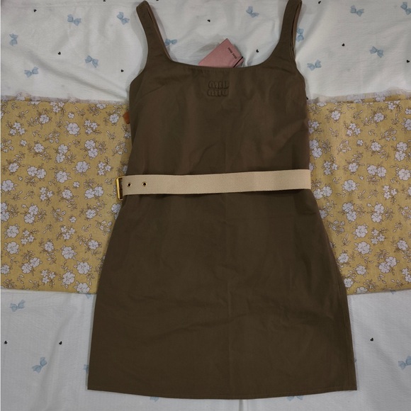 Miu Miu Dresses & Skirts - Miu Miu Brown Square-Neck Mini Dress with Cream Belt